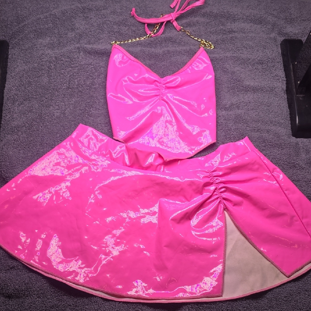 Hot Pink Patent Two-Piece Halter Top & Skirt Set